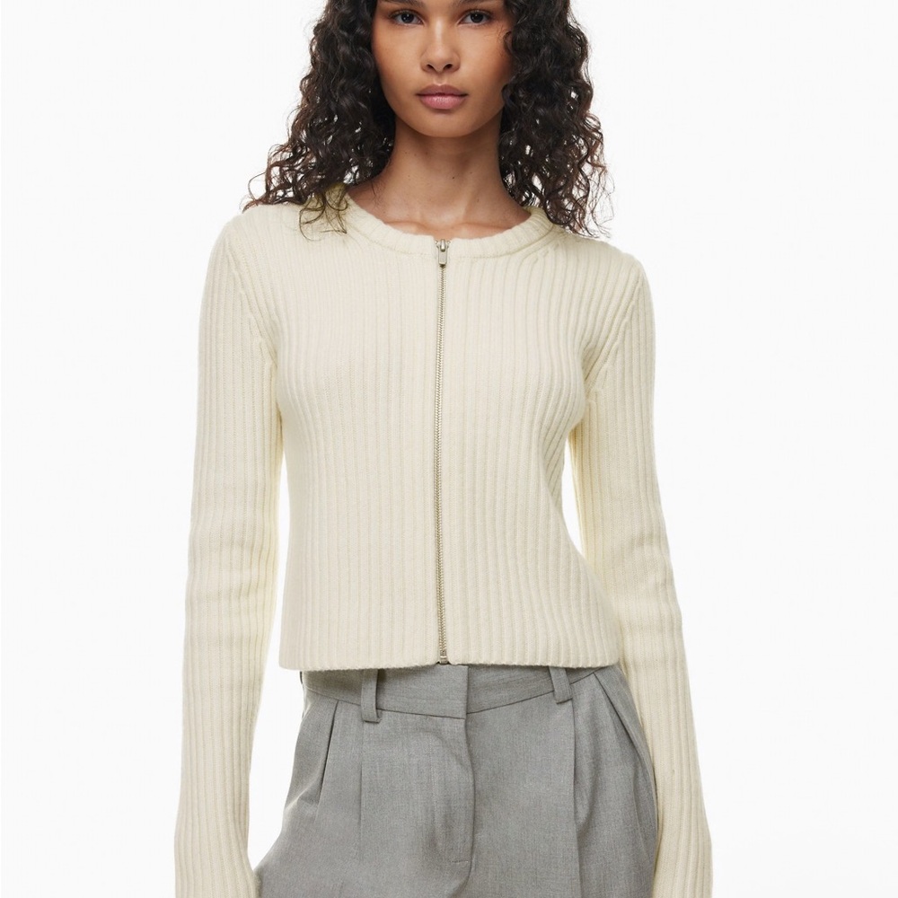 Aritzia Aisha Zip-up Ribbed Cream Cardigan